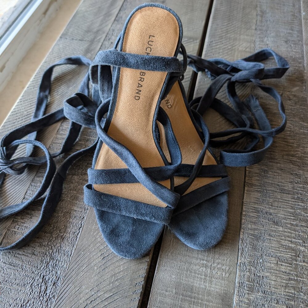 Lucky Brand Blue Suede Ankle Lace Up Tie Bow 3" Heels Size 8.5M